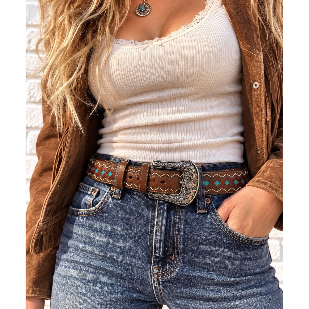 Ariat Brown Leather Turquoise Embroidery Western Cowgirl Belt Small A1518202 - Picture 1 of 14